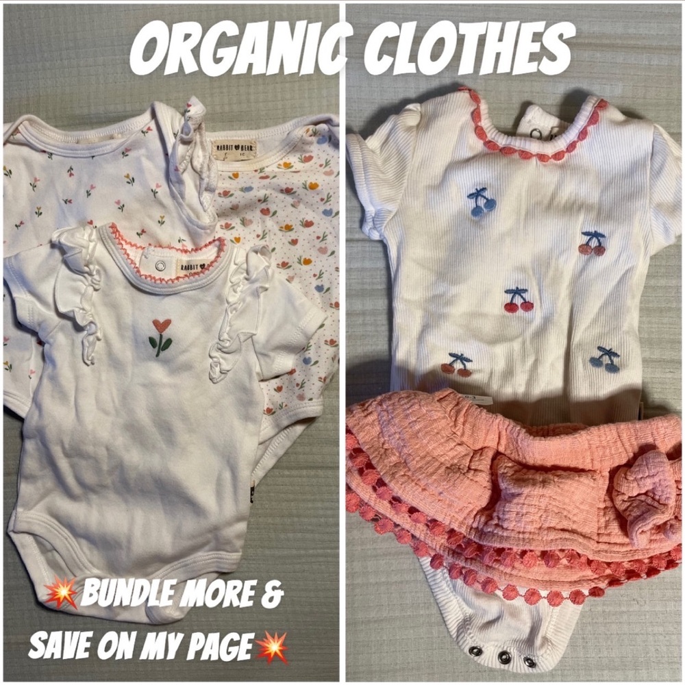(3) Rabbit & Bear Organic Baby Bodysuit Set with Floral Design & (1) Outfit
